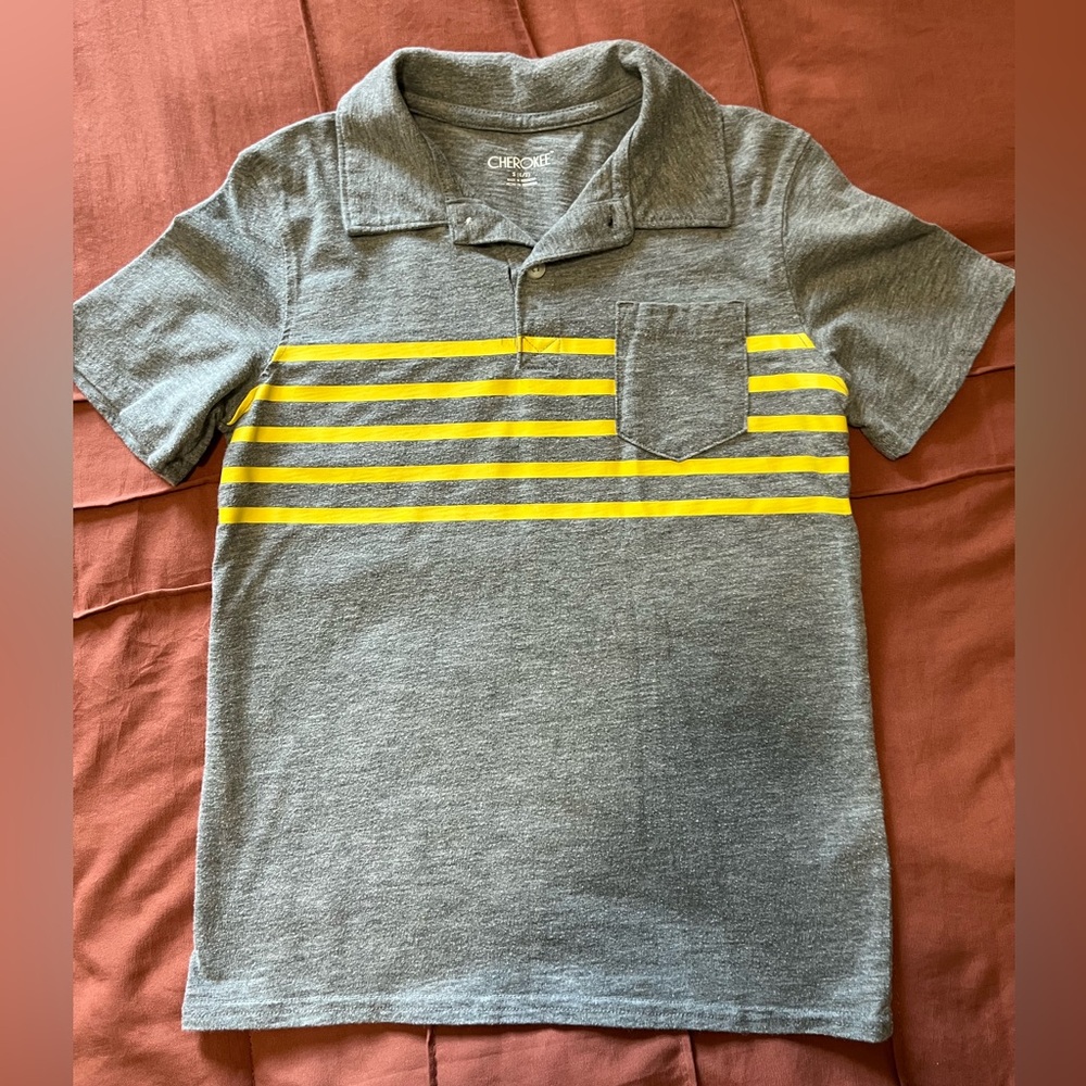 Cherokee Size 6/7 Kids Polo with Gray and Yellow Stripes
